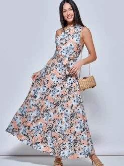 Jolie Moi Occasion Dresses|Floral Dresses-One Shoulder Maxi Jersey Dress, Floral Multi