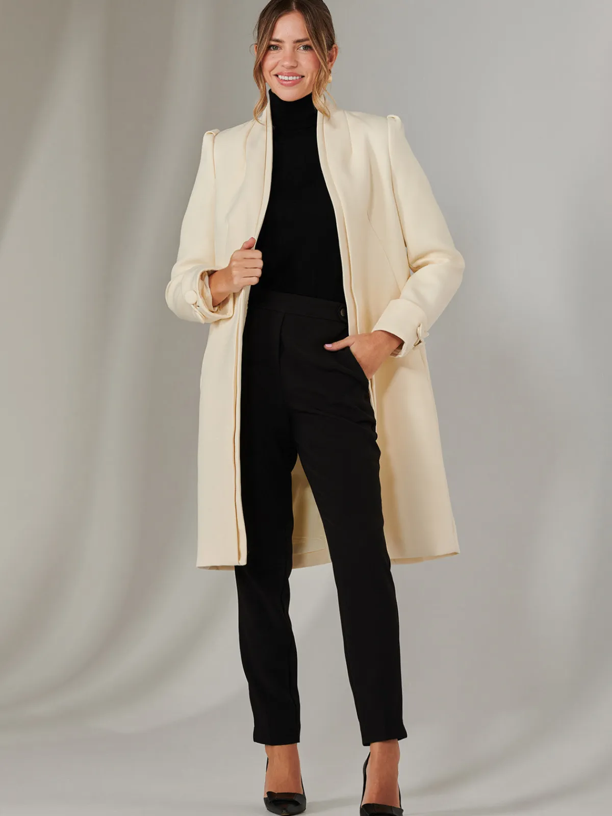 Jolie Moi Coats & Jackets-Open Neckline Woven Coat, Oyster