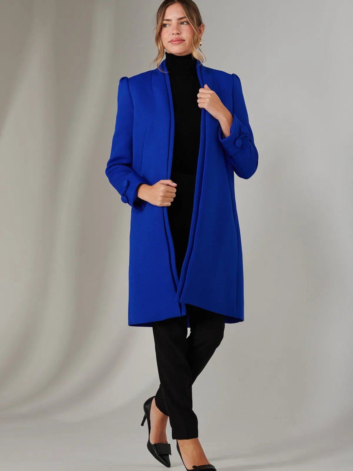 Jolie Moi Coats & Jackets-Open Neckline Woven Coat, Royal Blue