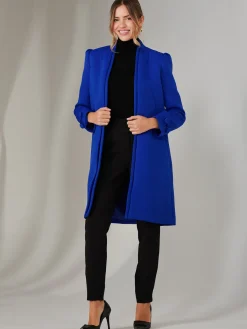 Jolie Moi Coats & Jackets-Open Neckline Woven Coat, Royal Blue