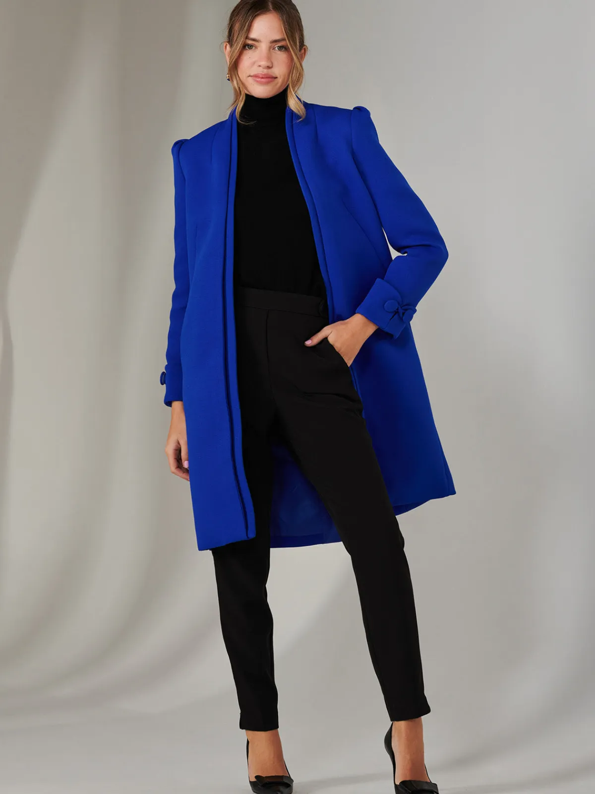 Jolie Moi Coats & Jackets-Open Neckline Woven Coat, Royal Blue