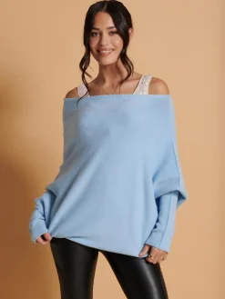 Jolie Moi Knitted Jumpers-Oversize Asymmetric Knitted Jumper, Baby Blue