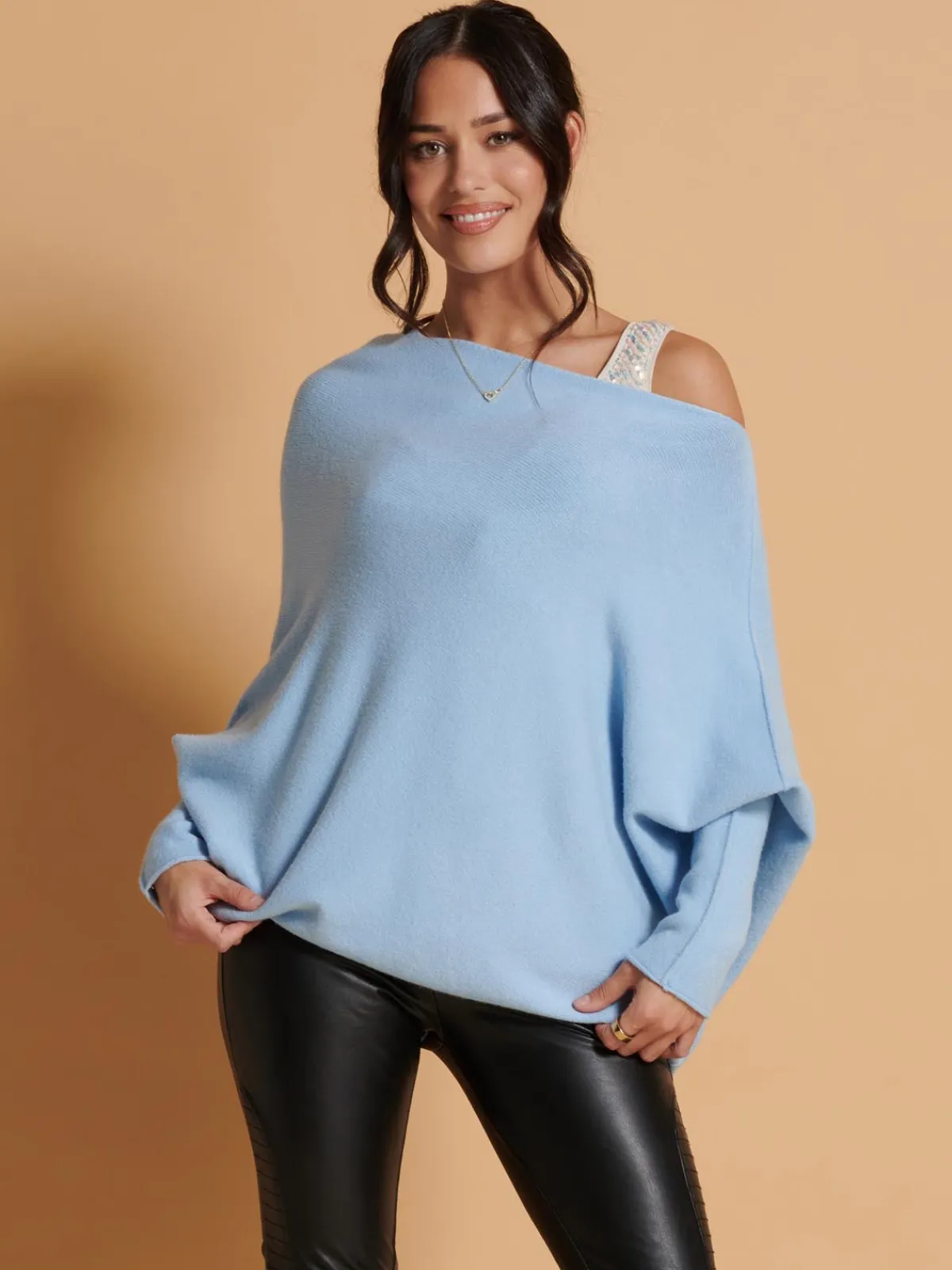 Jolie Moi Knitted Jumpers-Oversize Asymmetric Knitted Jumper, Baby Blue