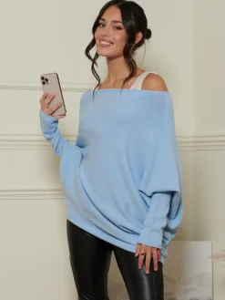 Jolie Moi Knitted Jumpers-Oversize Asymmetric Knitted Jumper, Baby Blue