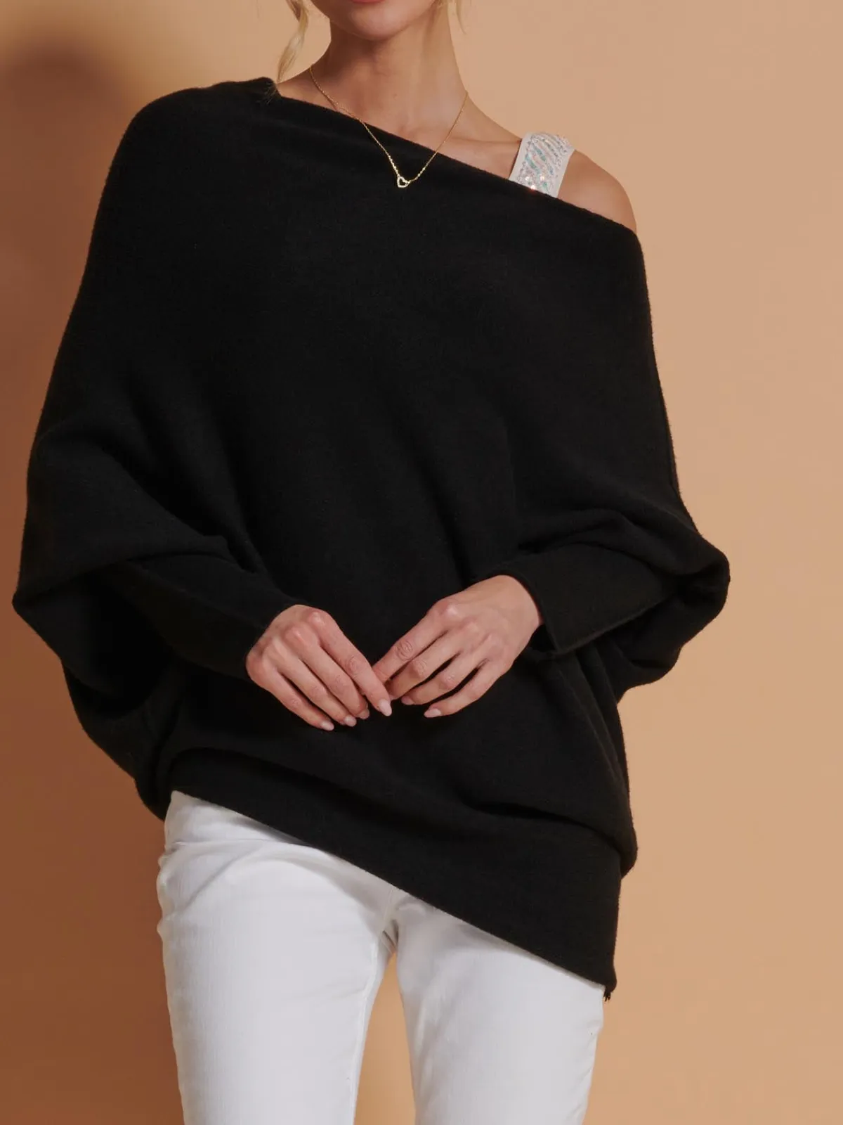 Jolie Moi Knitted Jumpers-Oversize Asymmetric Knitted Jumper, Black