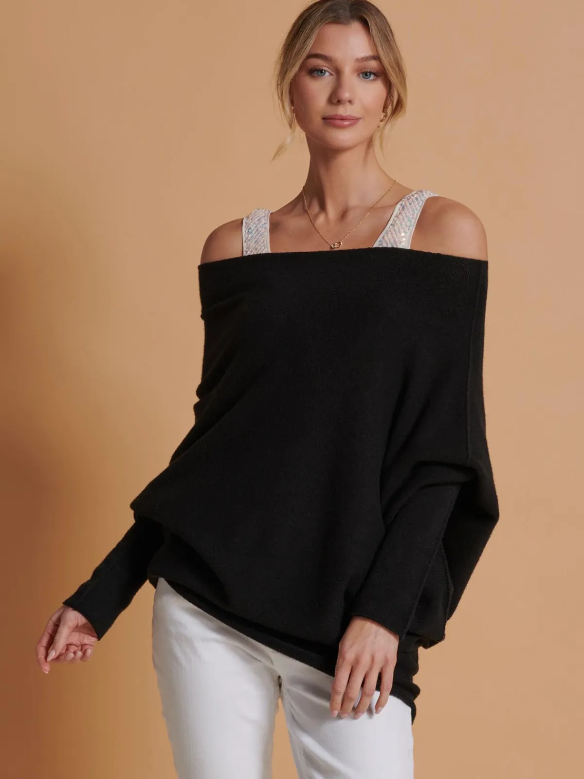 Jolie Moi Knitted Jumpers-Oversize Asymmetric Knitted Jumper, Black