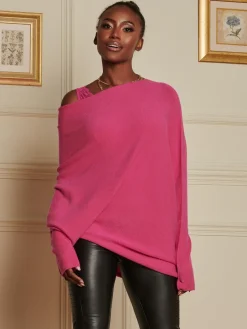 Jolie Moi Weekend Casuals-Oversize Asymmetric Knitted Jumper, Hot Pink