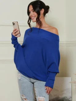 Jolie Moi Weekend Casuals|Knitted Jumpers-Oversize Asymmetric Knitted Jumper, Navy