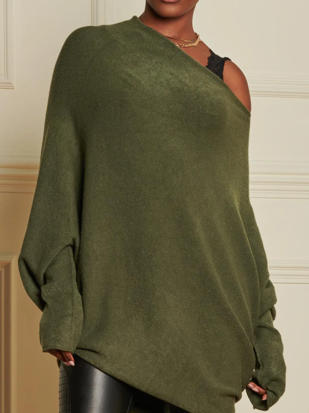 Jolie Moi Knitted Jumpers-Oversize Asymmetric Knitted Jumper, Soldier Green