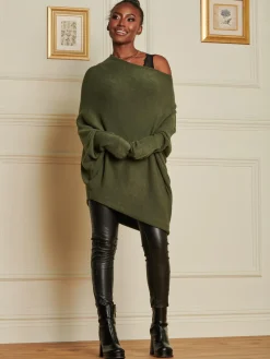 Jolie Moi Knitted Jumpers-Oversize Asymmetric Knitted Jumper, Soldier Green