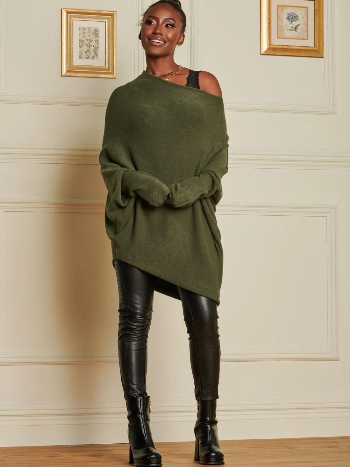Jolie Moi Knitted Jumpers-Oversize Asymmetric Knitted Jumper, Soldier Green