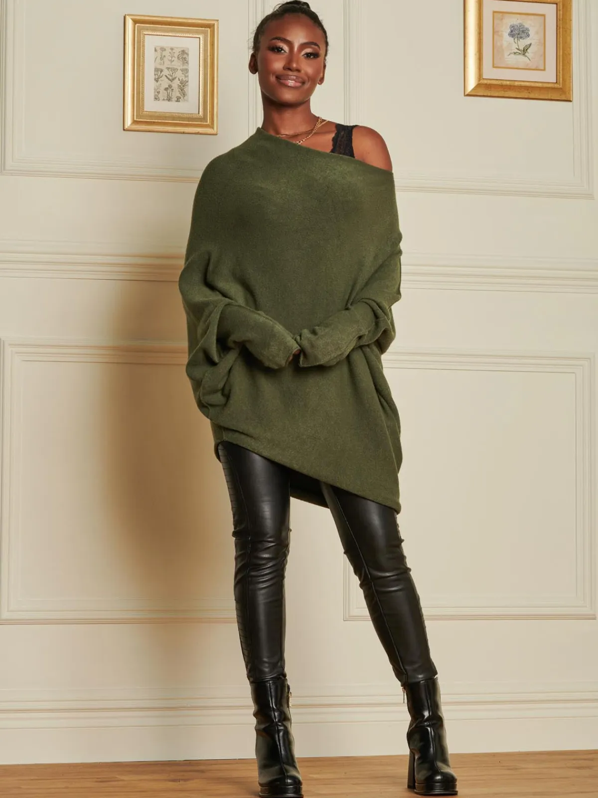 Jolie Moi Knitted Jumpers-Oversize Asymmetric Knitted Jumper, Soldier Green