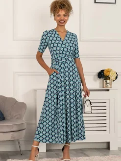 Jolie Moi Occasion Dresses|Wrap Dresses-Paislyn Pleat Jersey Maxi Dress, Green Geo