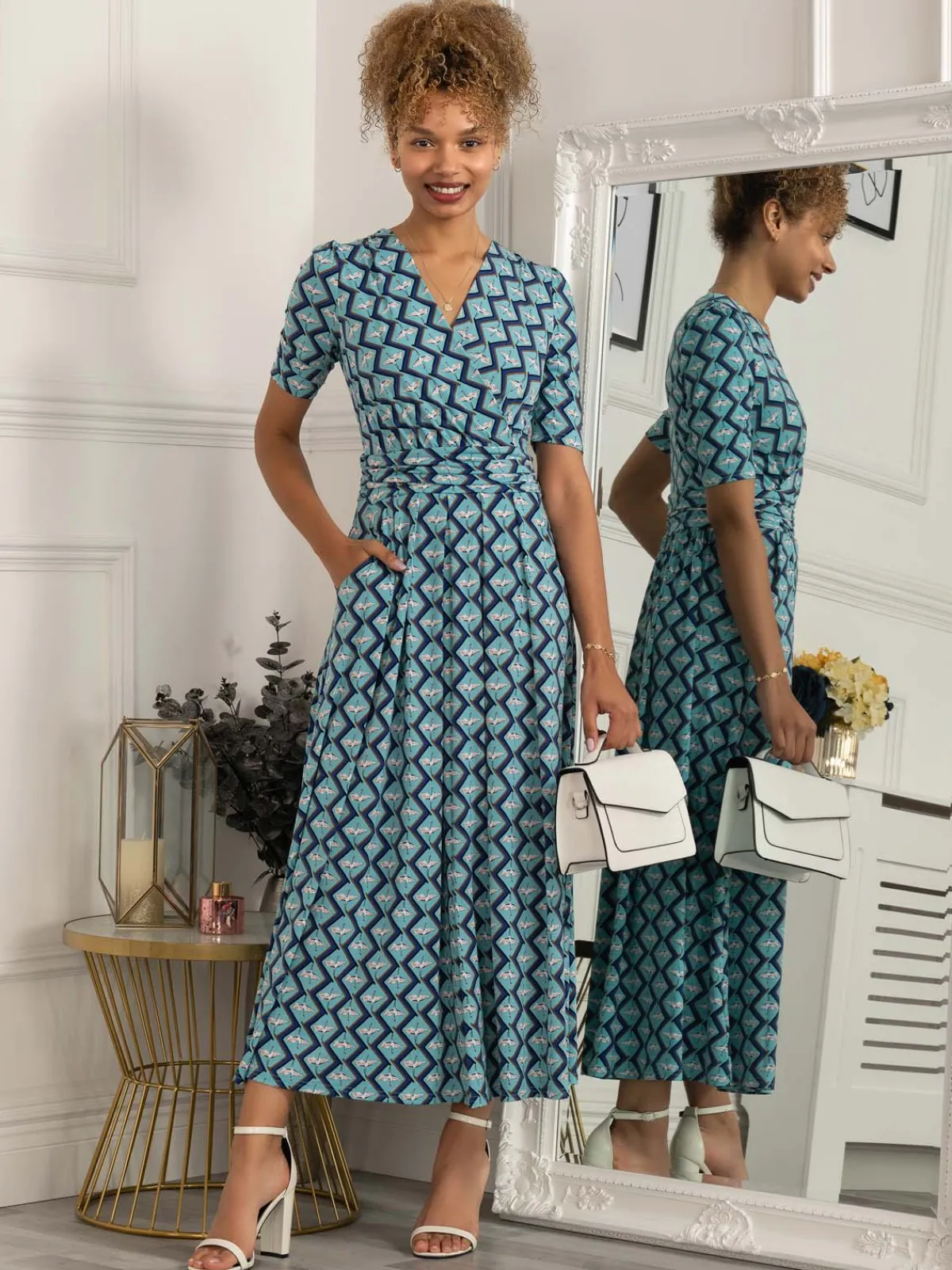 Jolie Moi Occasion Dresses|Wrap Dresses-Paislyn Pleat Jersey Maxi Dress, Green Geo