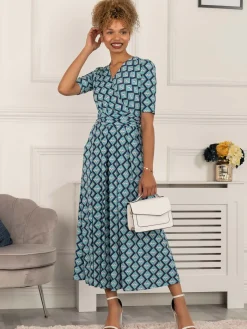Jolie Moi Occasion Dresses|Wrap Dresses-Paislyn Pleat Jersey Maxi Dress, Green Geo