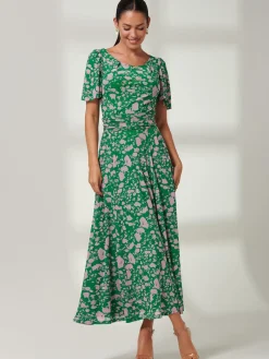 Jolie Moi Occasion Dresses|Floral Dresses-Paityn Angel Sleeve Mesh Maxi Dress, Green Floral