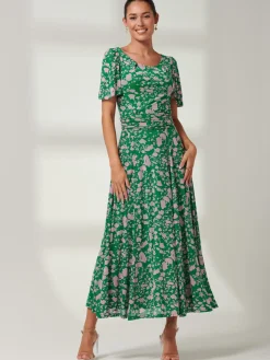 Jolie Moi Occasion Dresses|Floral Dresses-Paityn Angel Sleeve Mesh Maxi Dress, Green Floral