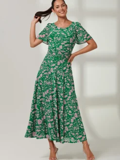 Jolie Moi Occasion Dresses|Floral Dresses-Paityn Angel Sleeve Mesh Maxi Dress, Green Floral