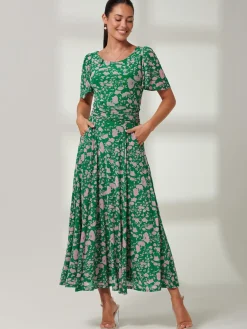 Jolie Moi Occasion Dresses|Floral Dresses-Paityn Angel Sleeve Mesh Maxi Dress, Green Floral