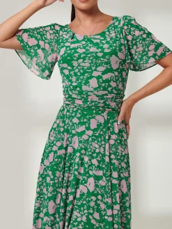 Jolie Moi Occasion Dresses|Floral Dresses-Paityn Angel Sleeve Mesh Maxi Dress, Green Floral