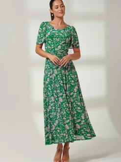 Jolie Moi Occasion Dresses|Floral Dresses-Paityn Angel Sleeve Mesh Maxi Dress, Green Floral