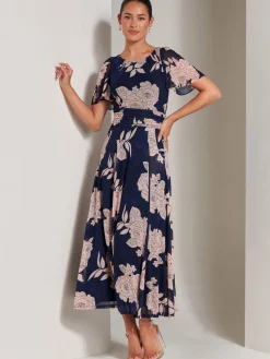 Jolie Moi Occasion Dresses|Floral Dresses-Paityn Angel Sleeve Mesh Maxi Dress, Navy Floral