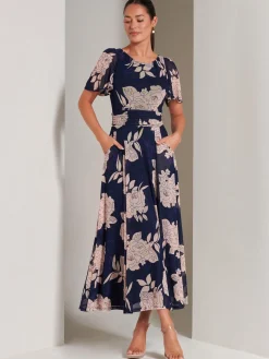 Jolie Moi Occasion Dresses|Floral Dresses-Paityn Angel Sleeve Mesh Maxi Dress, Navy Floral