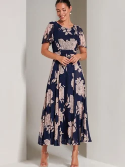 Jolie Moi Occasion Dresses|Floral Dresses-Paityn Angel Sleeve Mesh Maxi Dress, Navy Floral