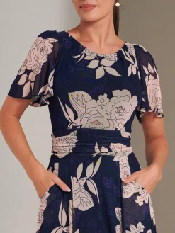 Jolie Moi Occasion Dresses|Floral Dresses-Paityn Angel Sleeve Mesh Maxi Dress, Navy Floral