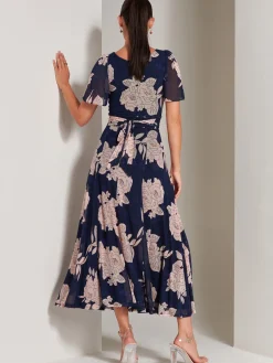 Jolie Moi Occasion Dresses|Floral Dresses-Paityn Angel Sleeve Mesh Maxi Dress, Navy Floral
