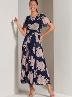 Jolie Moi Occasion Dresses|Floral Dresses-Paityn Angel Sleeve Mesh Maxi Dress, Navy Floral