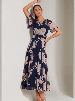 Jolie Moi Occasion Dresses|Floral Dresses-Paityn Angel Sleeve Mesh Maxi Dress, Navy Floral