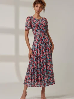 Jolie Moi Occasion Dresses|Floral Dresses-Paityn Angel Sleeve Mesh Maxi Dress, Teal Floral