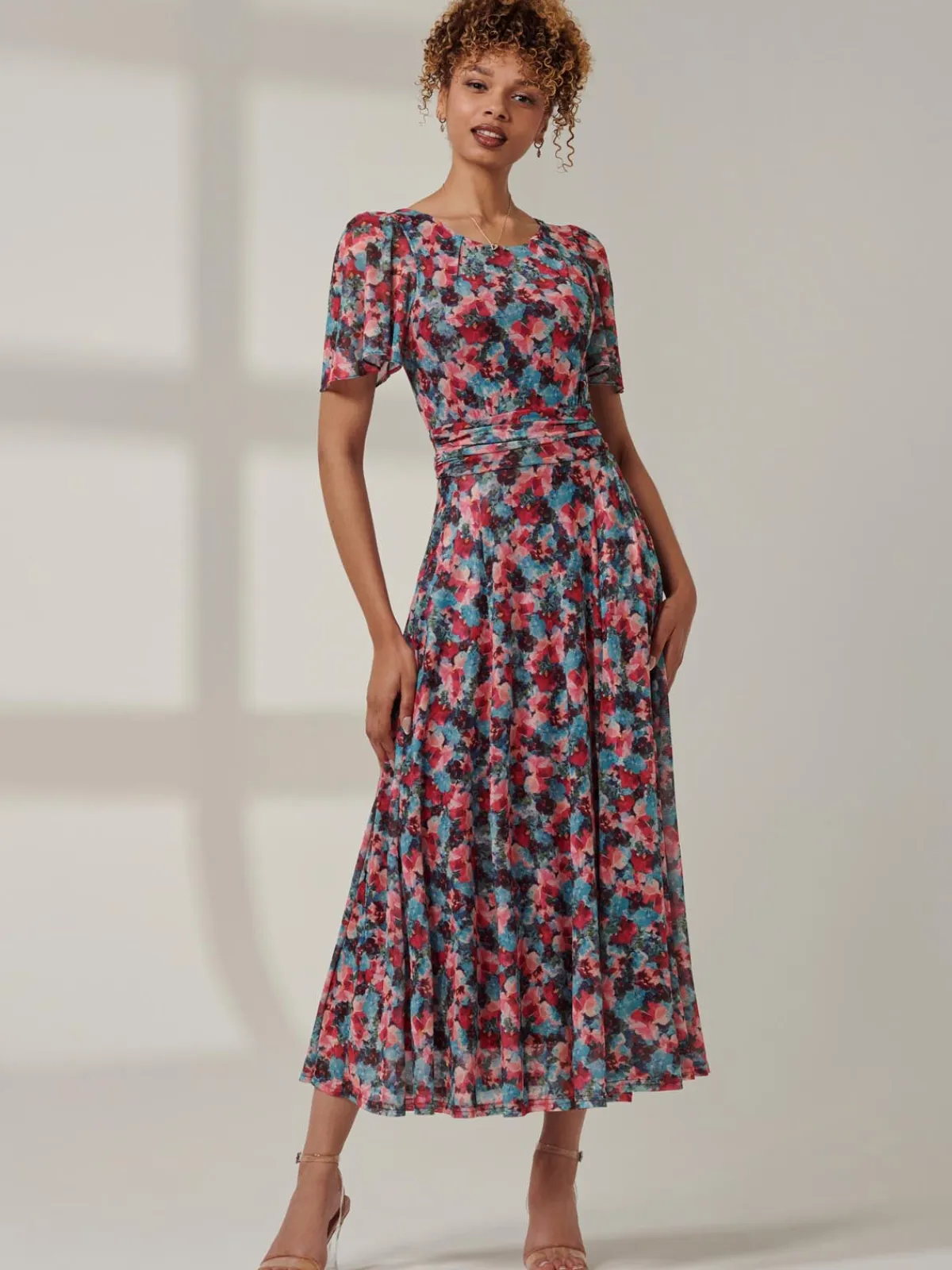 Jolie Moi Occasion Dresses|Floral Dresses-Paityn Angel Sleeve Mesh Maxi Dress, Teal Floral