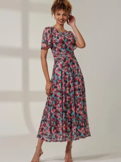 Jolie Moi Occasion Dresses|Floral Dresses-Paityn Angel Sleeve Mesh Maxi Dress, Teal Floral