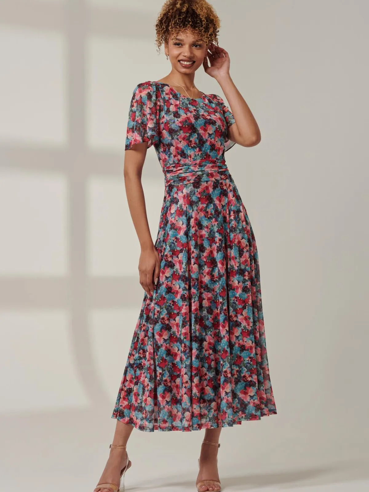 Jolie Moi Occasion Dresses|Floral Dresses-Paityn Angel Sleeve Mesh Maxi Dress, Teal Floral