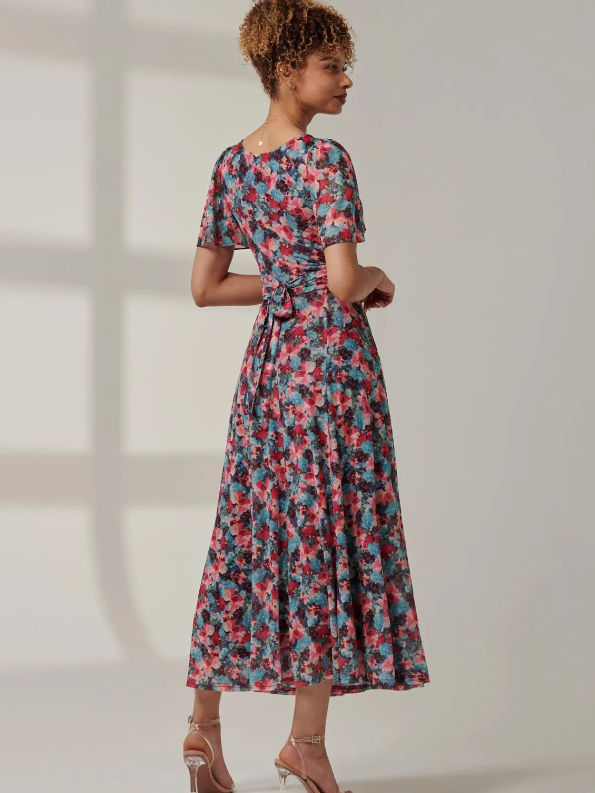 Jolie Moi Occasion Dresses|Floral Dresses-Paityn Angel Sleeve Mesh Maxi Dress, Teal Floral