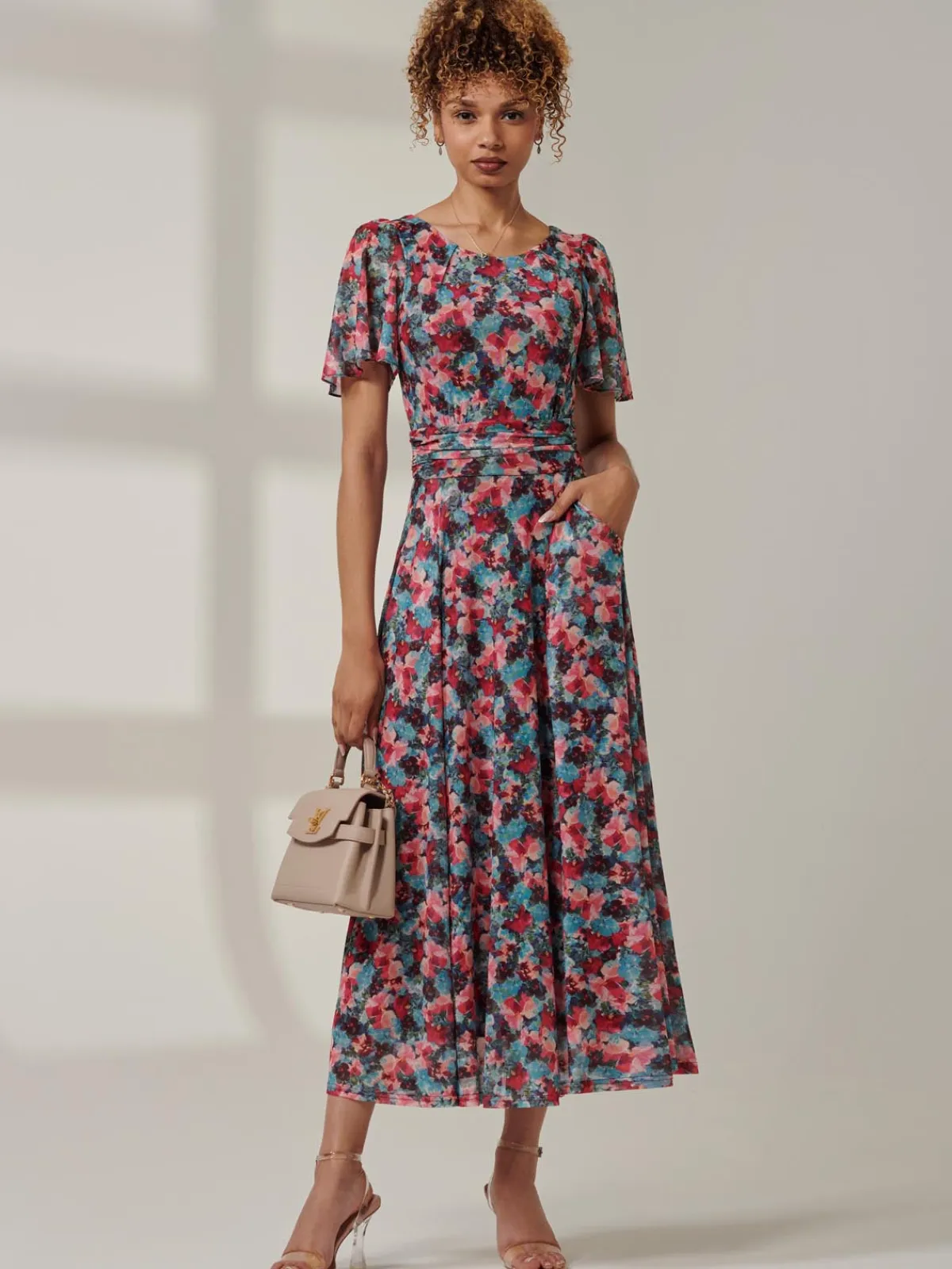 Jolie Moi Occasion Dresses|Floral Dresses-Paityn Angel Sleeve Mesh Maxi Dress, Teal Floral