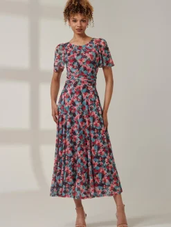 Jolie Moi Occasion Dresses|Floral Dresses-Paityn Angel Sleeve Mesh Maxi Dress, Teal Floral