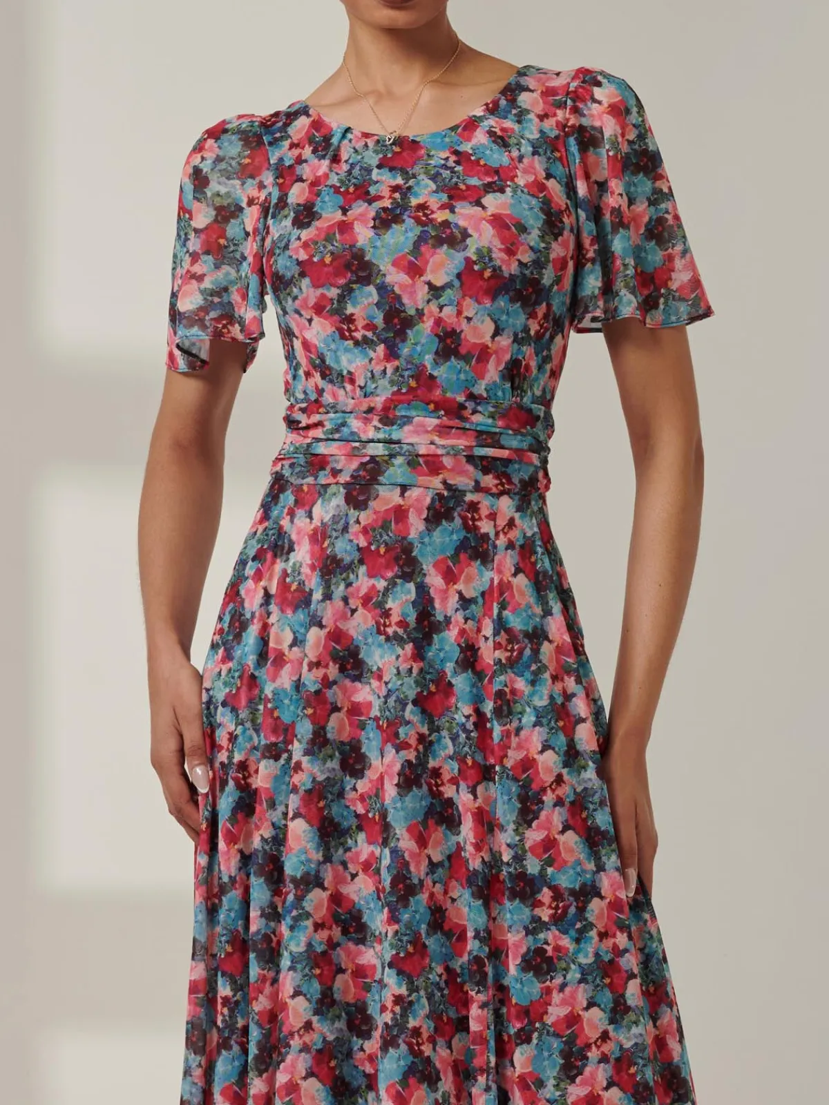 Jolie Moi Occasion Dresses|Floral Dresses-Paityn Angel Sleeve Mesh Maxi Dress, Teal Floral
