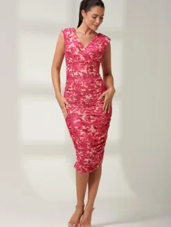 Jolie Moi Occasion Dresses|Floral Dresses-Pamela Ruched Mesh Bodycon Dress, Pink Multi