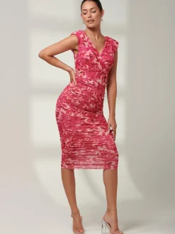 Jolie Moi Occasion Dresses|Floral Dresses-Pamela Ruched Mesh Bodycon Dress, Pink Multi