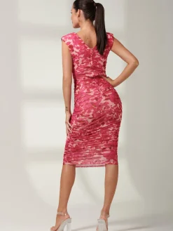 Jolie Moi Occasion Dresses|Floral Dresses-Pamela Ruched Mesh Bodycon Dress, Pink Multi