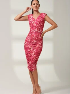 Jolie Moi Occasion Dresses|Floral Dresses-Pamela Ruched Mesh Bodycon Dress, Pink Multi