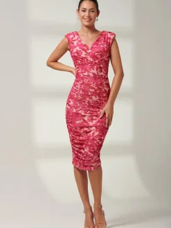 Jolie Moi Occasion Dresses|Floral Dresses-Pamela Ruched Mesh Bodycon Dress, Pink Multi