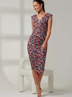 Jolie Moi Occasion Dresses|Floral Dresses-Pamela Ruched Mesh Bodycon Dress, Teal Multi