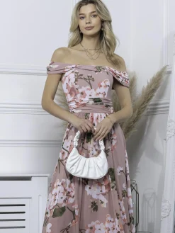 Jolie Moi Occasion Dresses|Floral Dresses-Paula Bardot Neck Mesh Dress, Dusty Pink