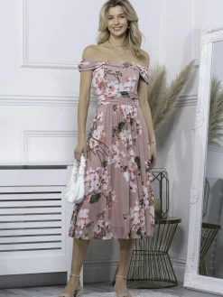 Jolie Moi Occasion Dresses|Floral Dresses-Paula Bardot Neck Mesh Dress, Dusty Pink