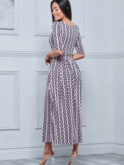 Jolie Moi Occasion Dresses|Jersey Dresses-Pauline Sleeved Maxi Dress, Pink Pattern