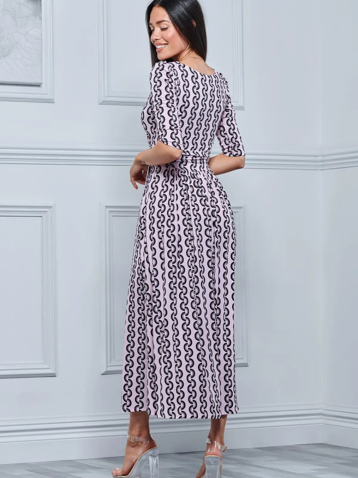 Jolie Moi Occasion Dresses|Jersey Dresses-Pauline Sleeved Maxi Dress, Pink Pattern